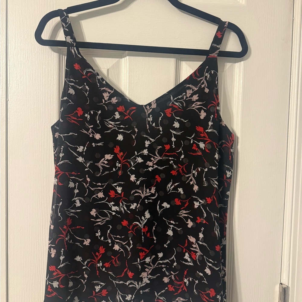 White House Black Market Black Reversible Tank with Red and White Floral Design